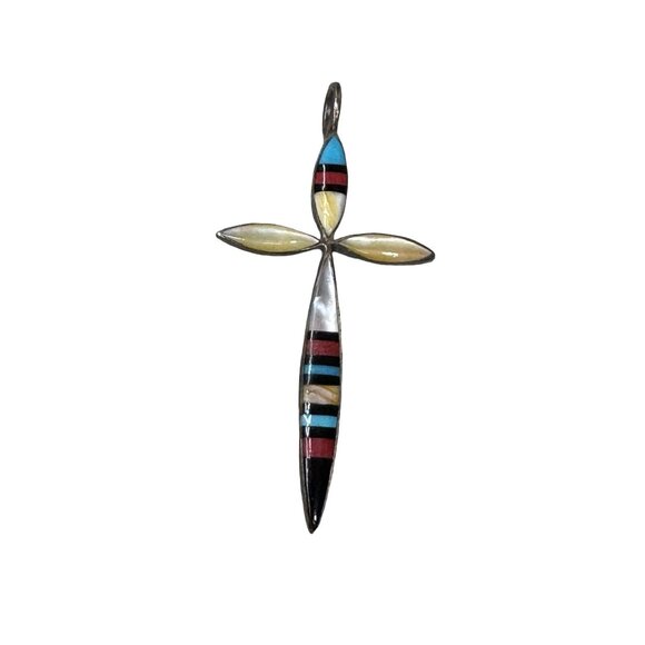 Native American Jewelry - Vintage Zuni Multi Stone Inlay Sterling Silver Cross Pendant Signed E Yazzie 1.5
